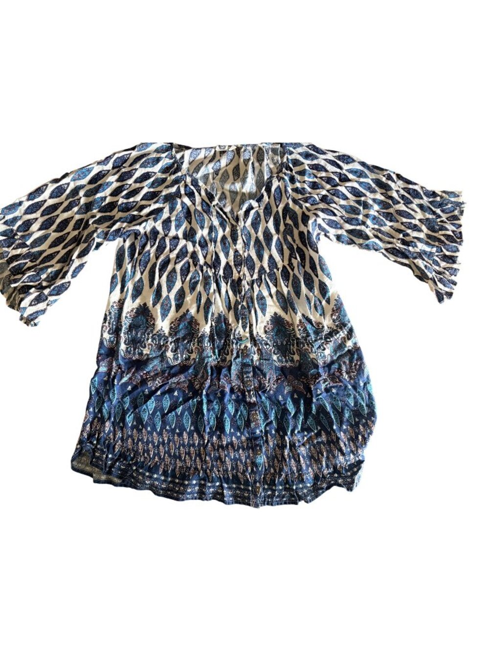 Roxy Womens Paisley & Diamond Boho Tunic Top Sz SM Blue/White 3/4 Bell Sleeves